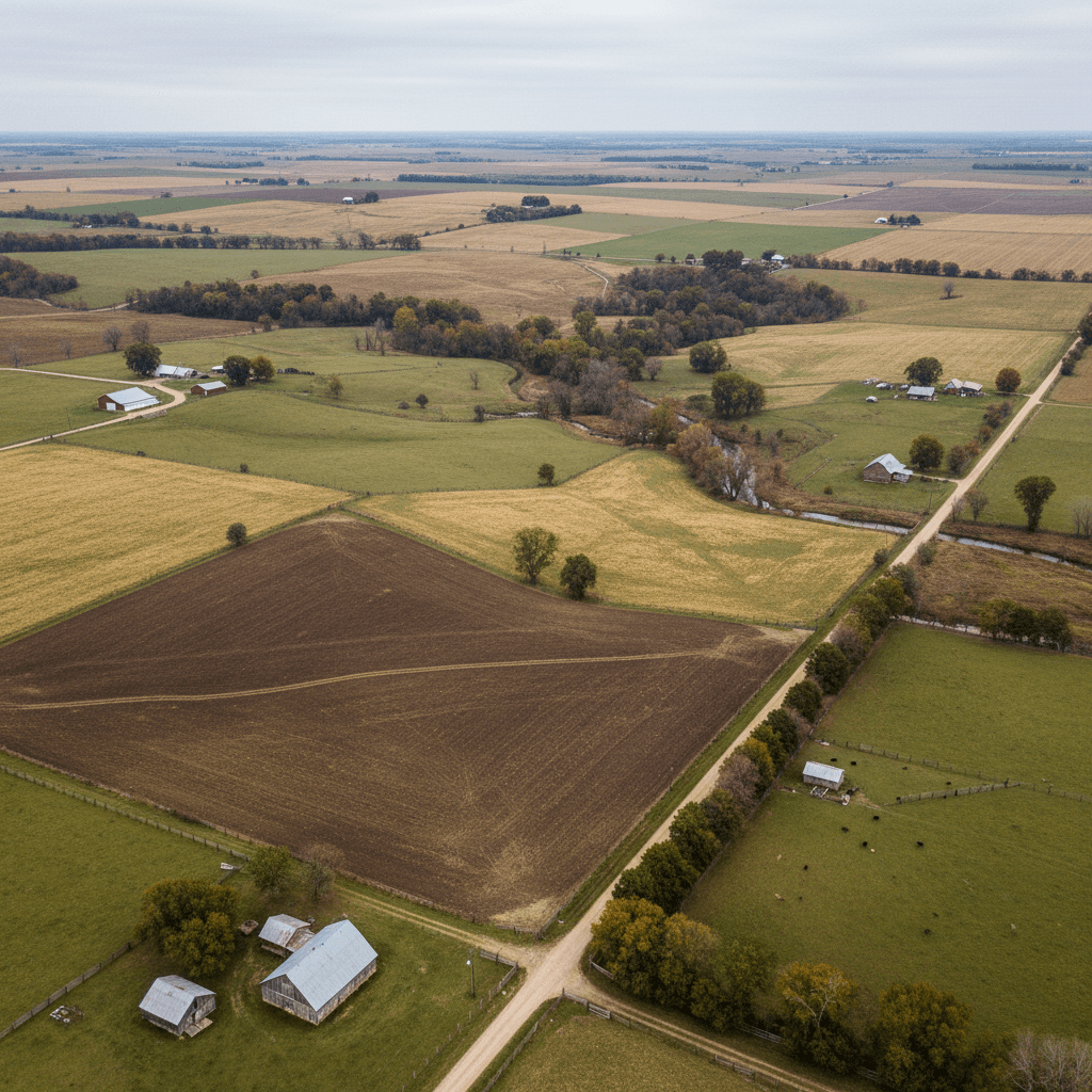 Aerial photograph of a rural American farmland parcel with visible fence lines suggesting divided ownership, overcast na