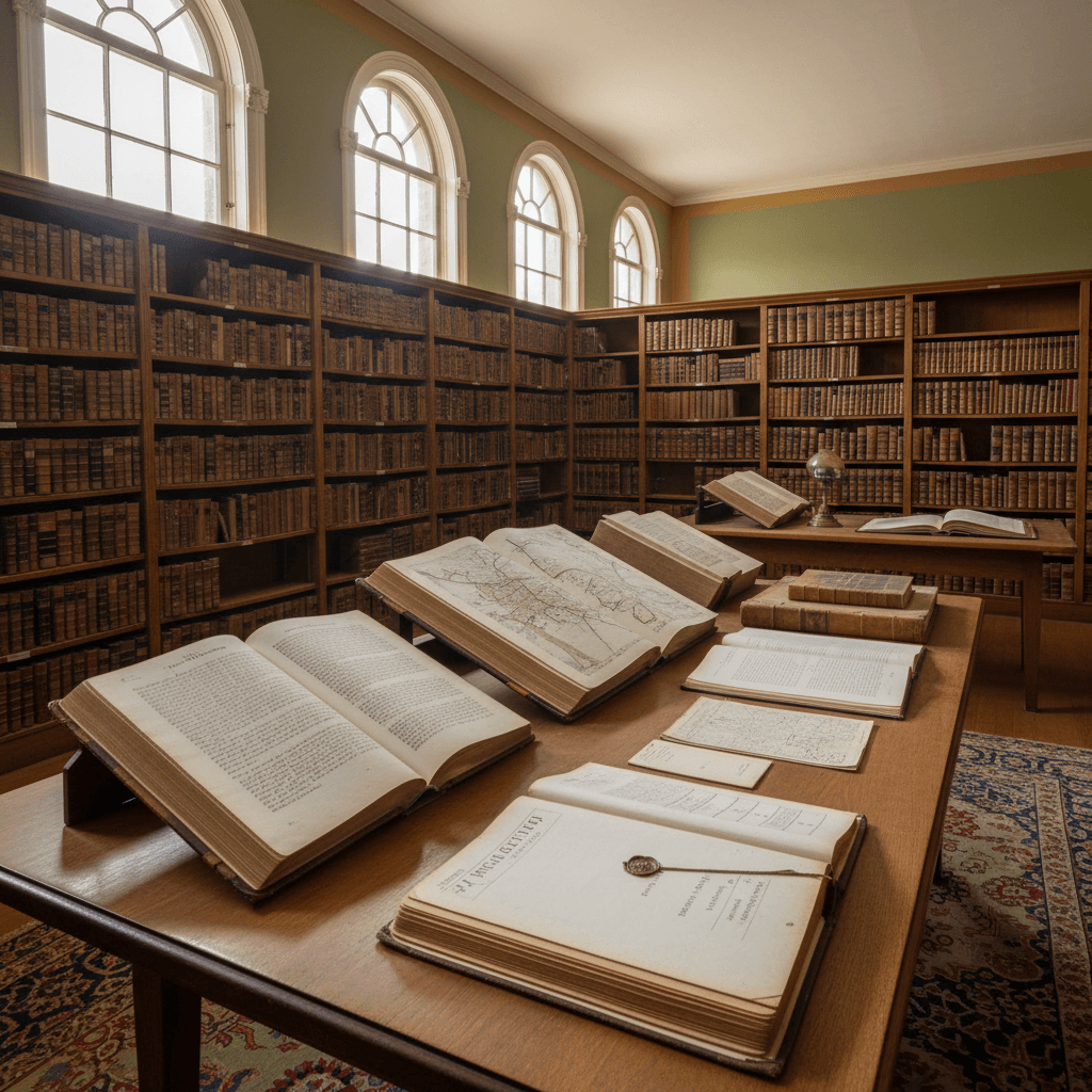 A county courthouse records room with open deed books and a probate file folder on a wooden table, soft natural light fr