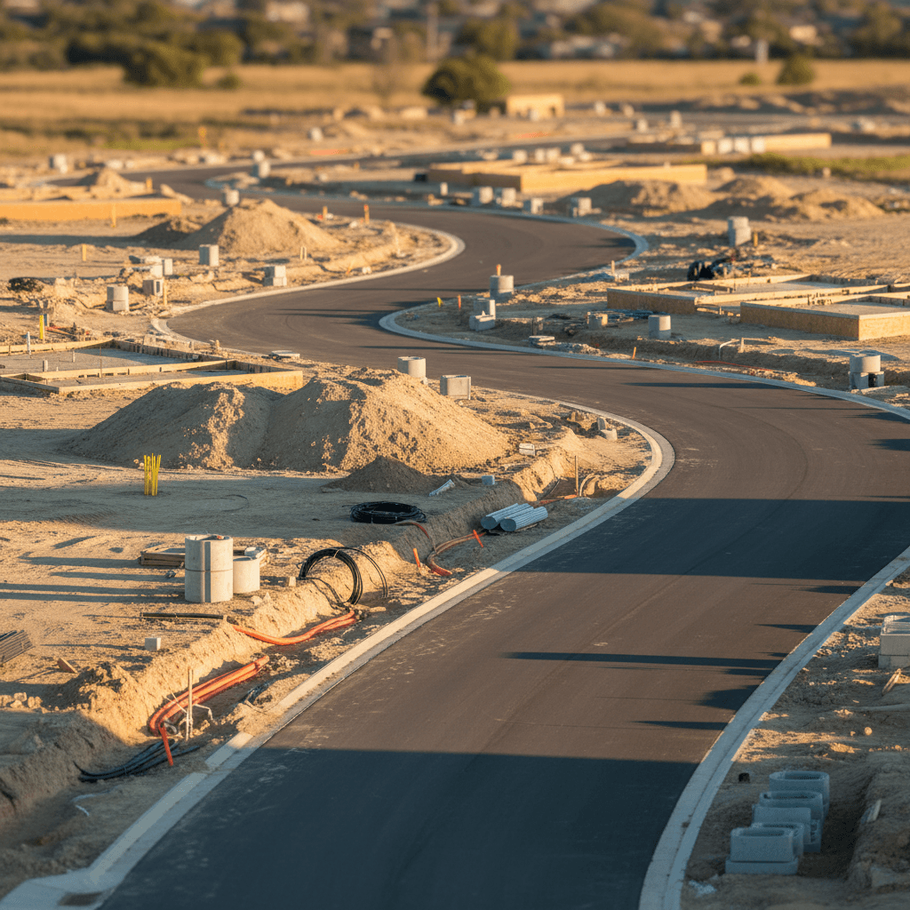 Wide-angle photograph of a suburban subdivision under construction with newly paved streets and utility infrastructure v