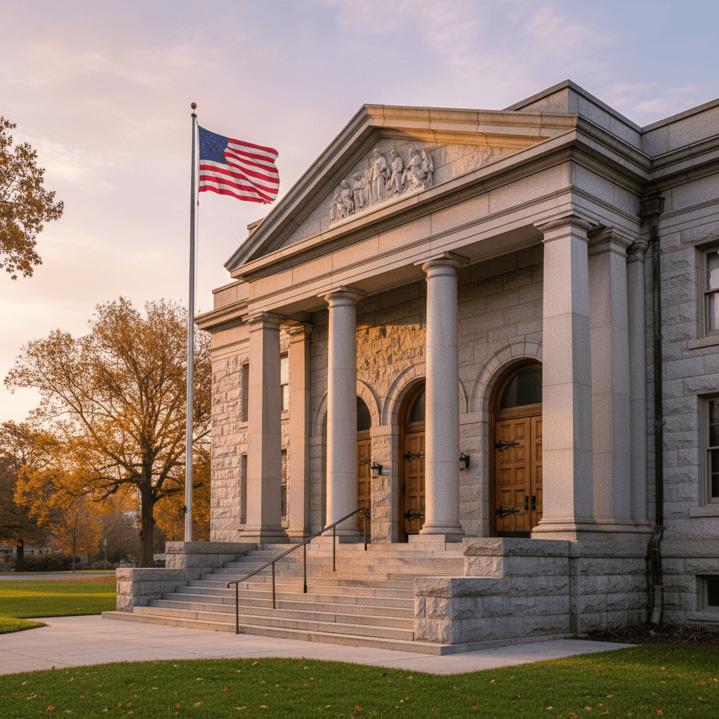 A county courthouse exterior in soft morning light, stone steps leading to heavy wooden doors, an American flag visible