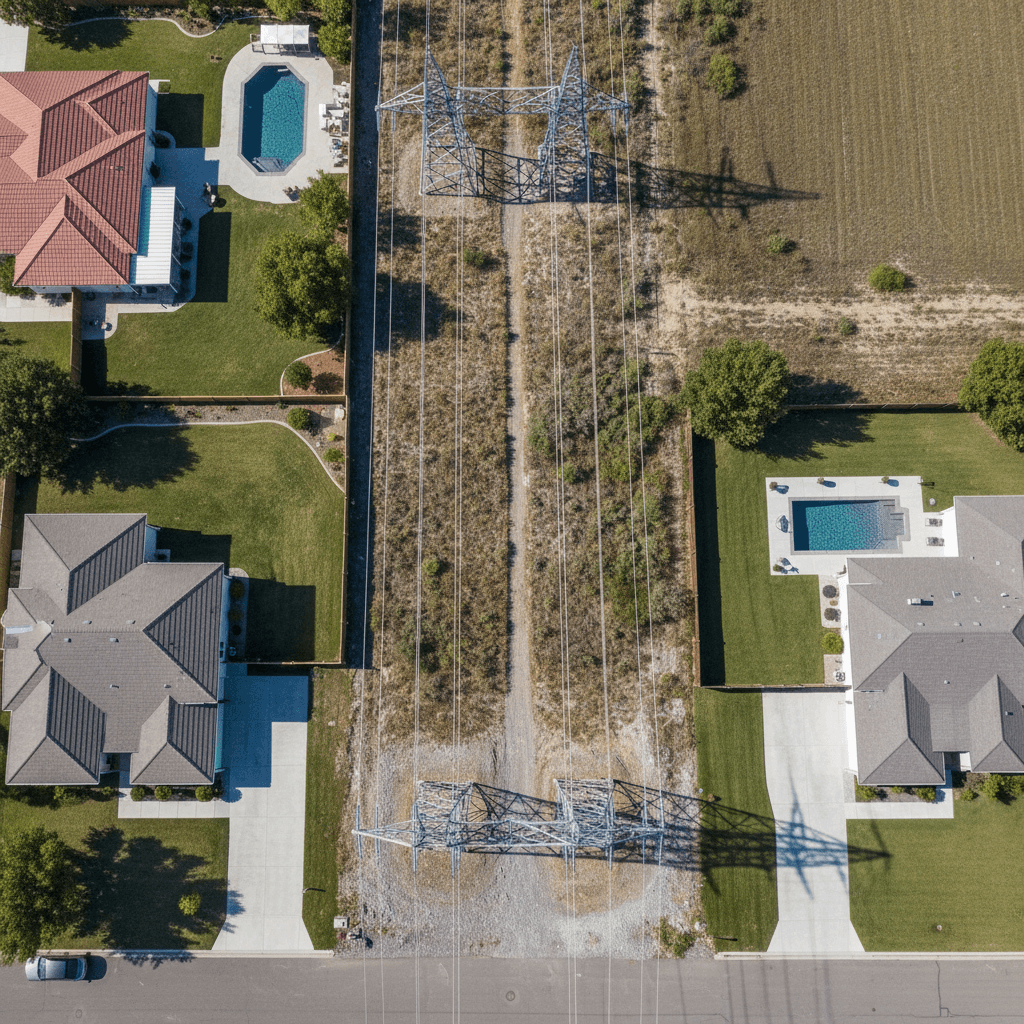 Aerial photograph of a suburban residential lot with a wide utility corridor cutting through the property, high-voltage