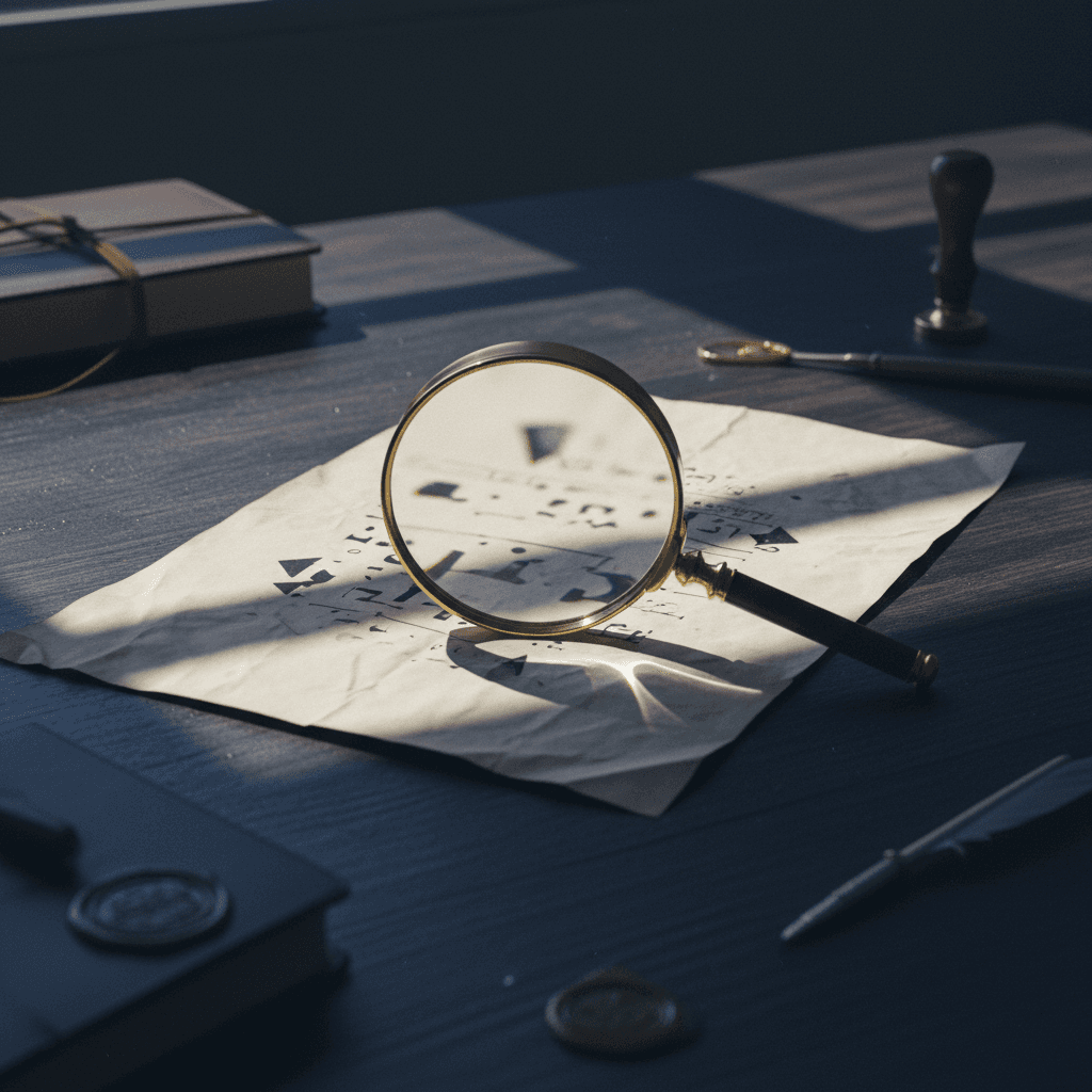 a title document under a magnifying glass on a dark desk, sharp raking light