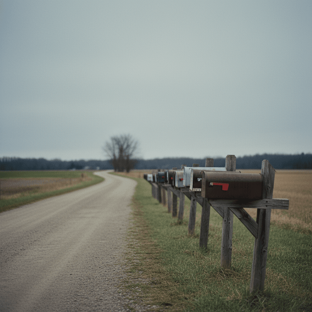 a mailbox row at the end of a rural county road, overcast sky