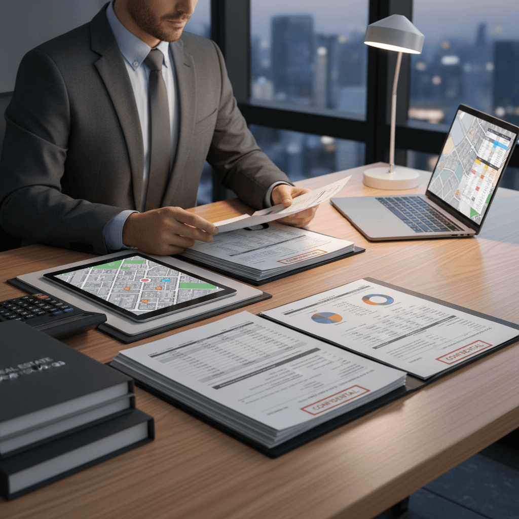 A business professional reviewing financial documents and property data on a desk with a calculator and legal folders, n
