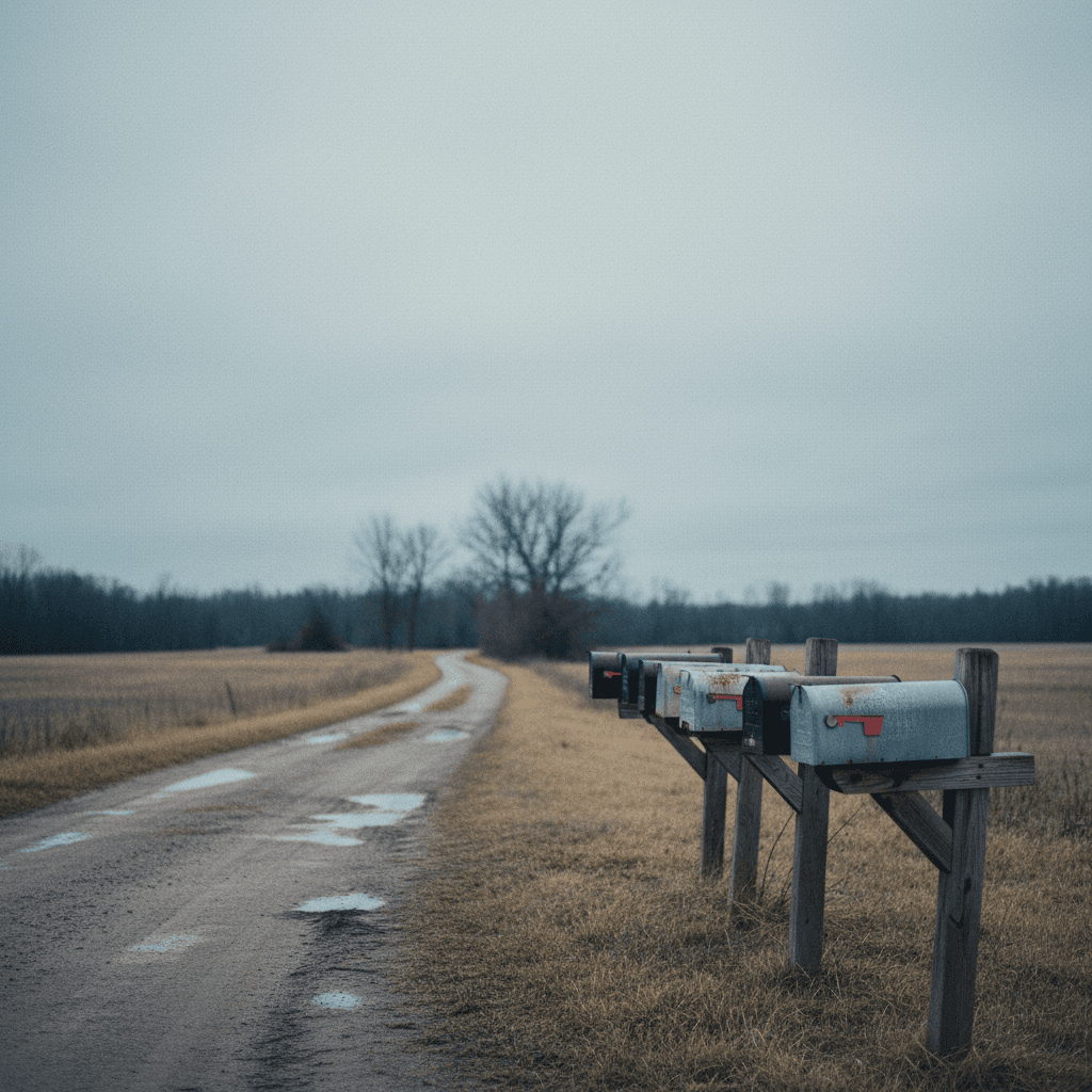 a mailbox row at the end of a rural county road, overcast sky