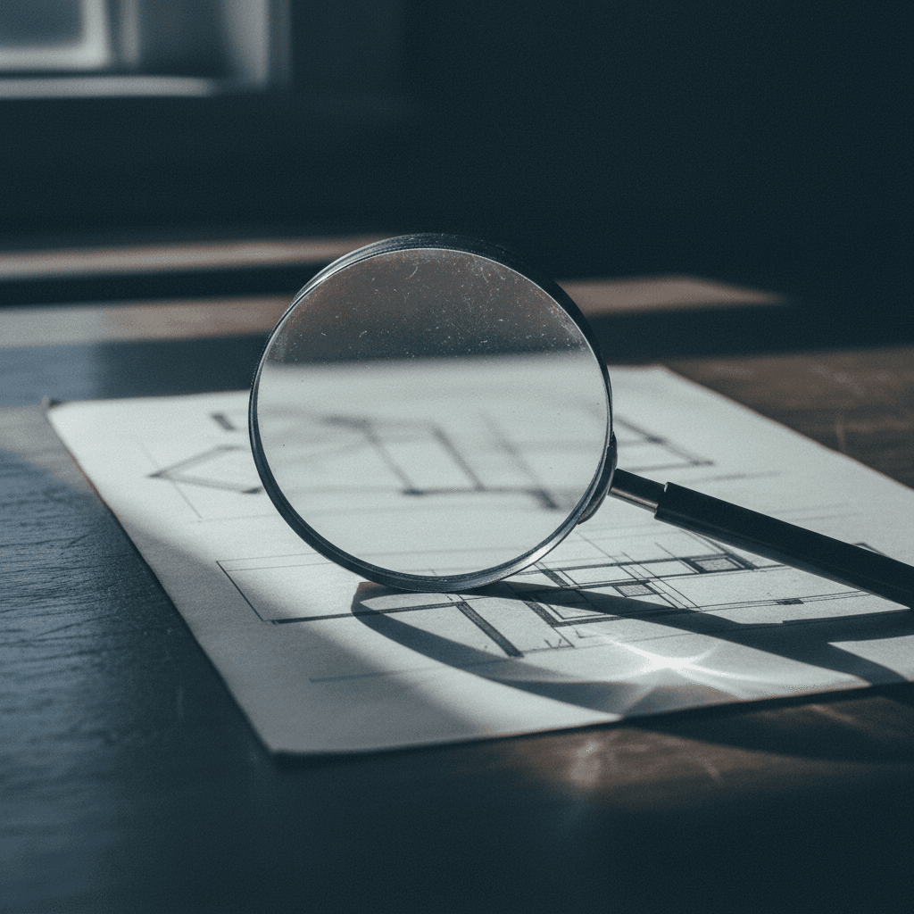 a title document under a magnifying glass on a dark desk, sharp raking light