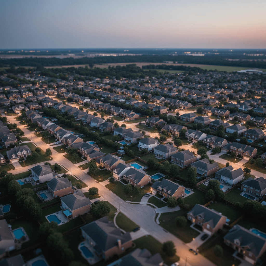 aerial view of an American suburban grid at dusk, streetlights beginning to turn on