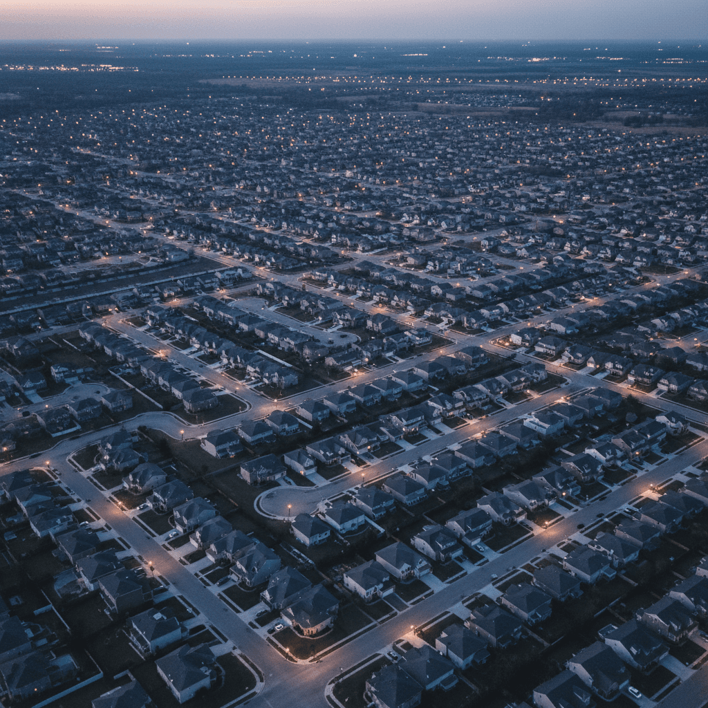 aerial view of an American suburban grid at dusk, streetlights beginning to turn on