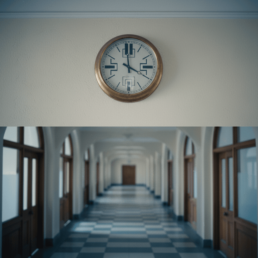 an old wall clock in an empty government corridor, tiled floor receding