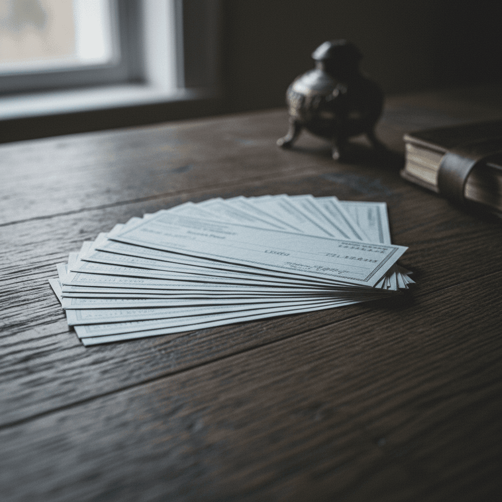 a stack of uncashed county disbursement checks fanned on a dark wooden desk