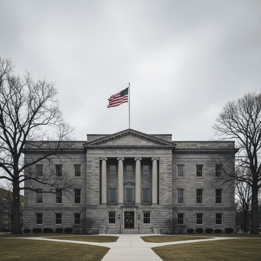 A formal county government building in Michigan photographed on an overcast day, wide shot, muted tones, American flag v