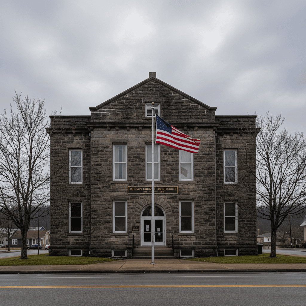 A county courthouse in a small Appalachian town on an overcast morning, wide-angle photograph, muted natural light, ston