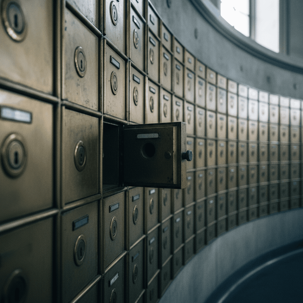 a bank of locked safe deposit boxes in a county building, one door slightly ajar
